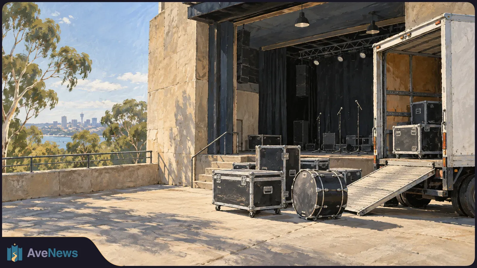 Painted scene of an empty outdoor stage with microphones, a truck ramp, equipment cases and a large drum; trees and a city skyline are in the distance. SI illustration