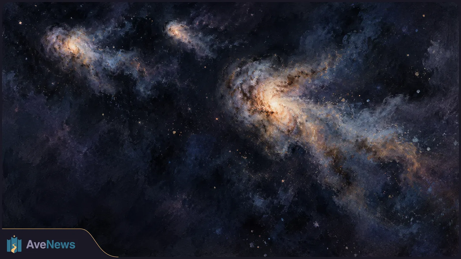 Three glowing galaxy-like forms amid blue-gray and gold clouds in dark, star-speckled space; the largest fills the right side. SI illustration