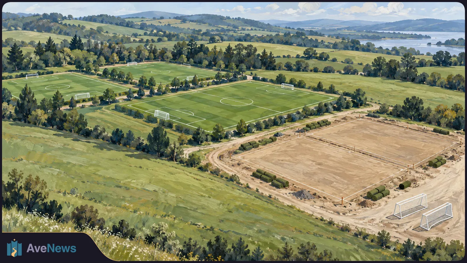 Painted aerial view of green soccer fields beside a bare field under construction, with rolls of turf and loose goal frames in a hilly landscape. SI illustration