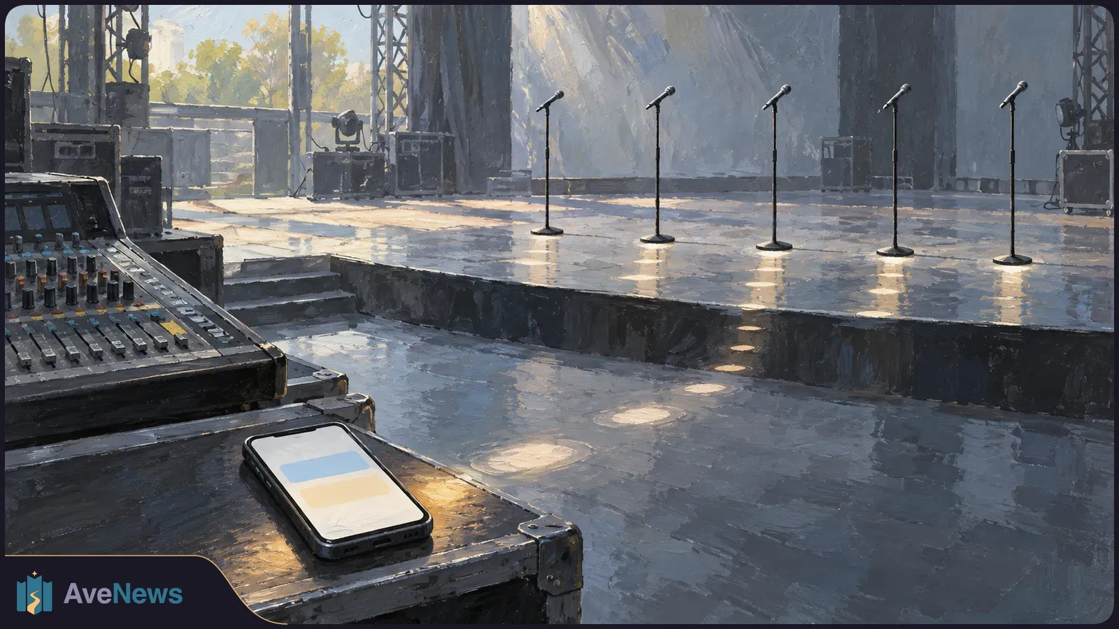 Painted scene of five empty microphones on a stage, with a sound mixer at left and a phone showing two pale color bars on a case in the foreground. SI illustration