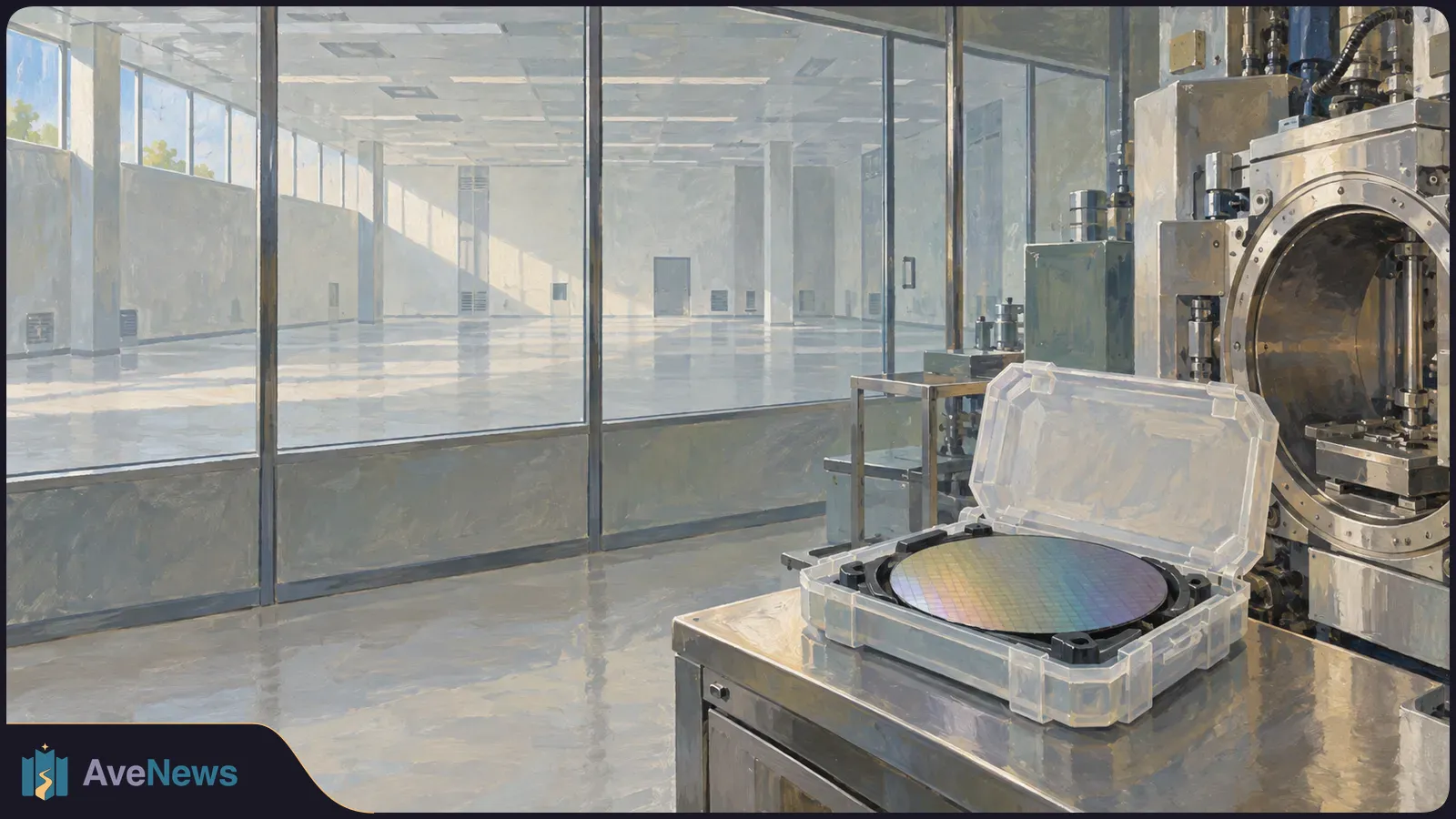 An iridescent semiconductor wafer rests in an open plastic case beside industrial processing equipment, with a bright glass-walled cleanroom beyond. SI illustration