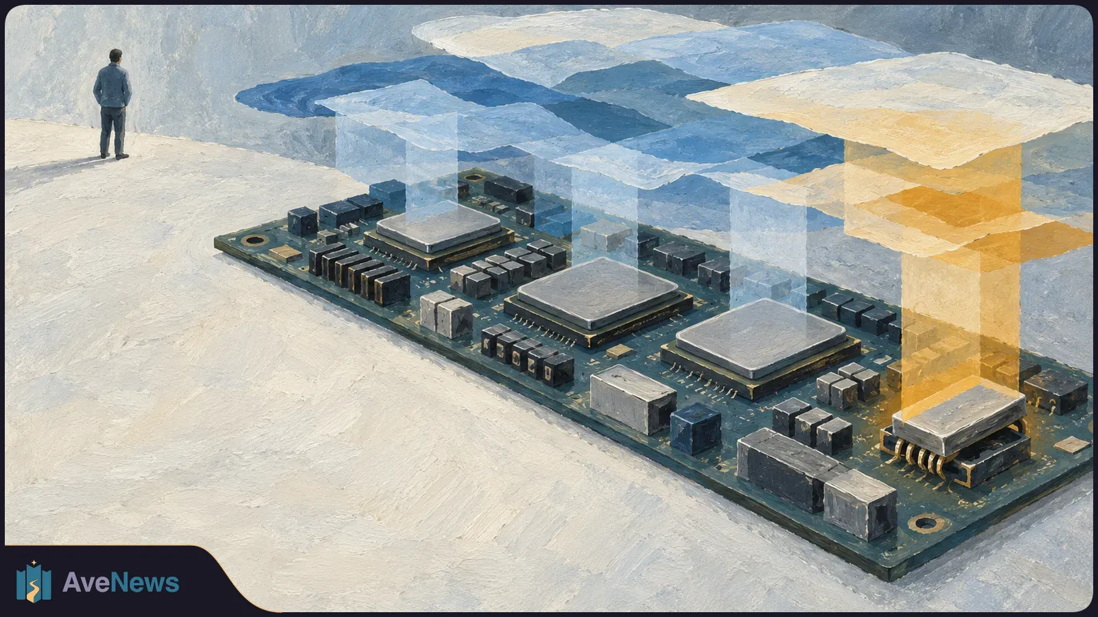 Painterly illustration of a circuit board with chips beneath translucent blue and gold layers; a small figure stands to the left. SI illustration