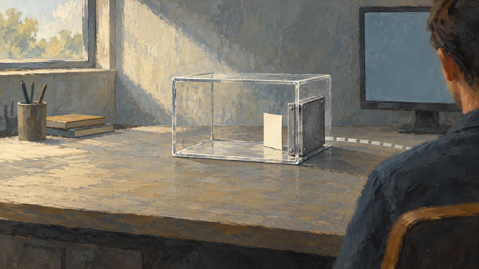 A painted scene shows a seated person facing a transparent box containing a white card and dark panel, with a dashed line leading toward them. A blank monitor, books and pencils sit nearby. SI illustration
