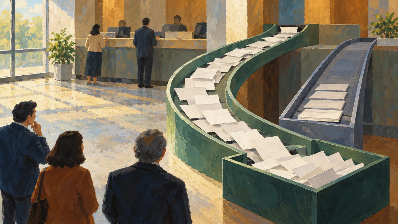 A painterly illustration of people in a sunlit office, with sheets of paper moving along two conveyor belts toward a large green bin. SI illustration
