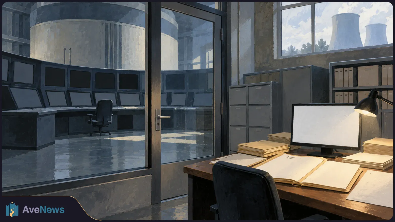 An illustrated desk with an open folder, paper stacks and a blank monitor is separated by glass from an empty nuclear control room. Cooling towers are visible outside. SI illustration