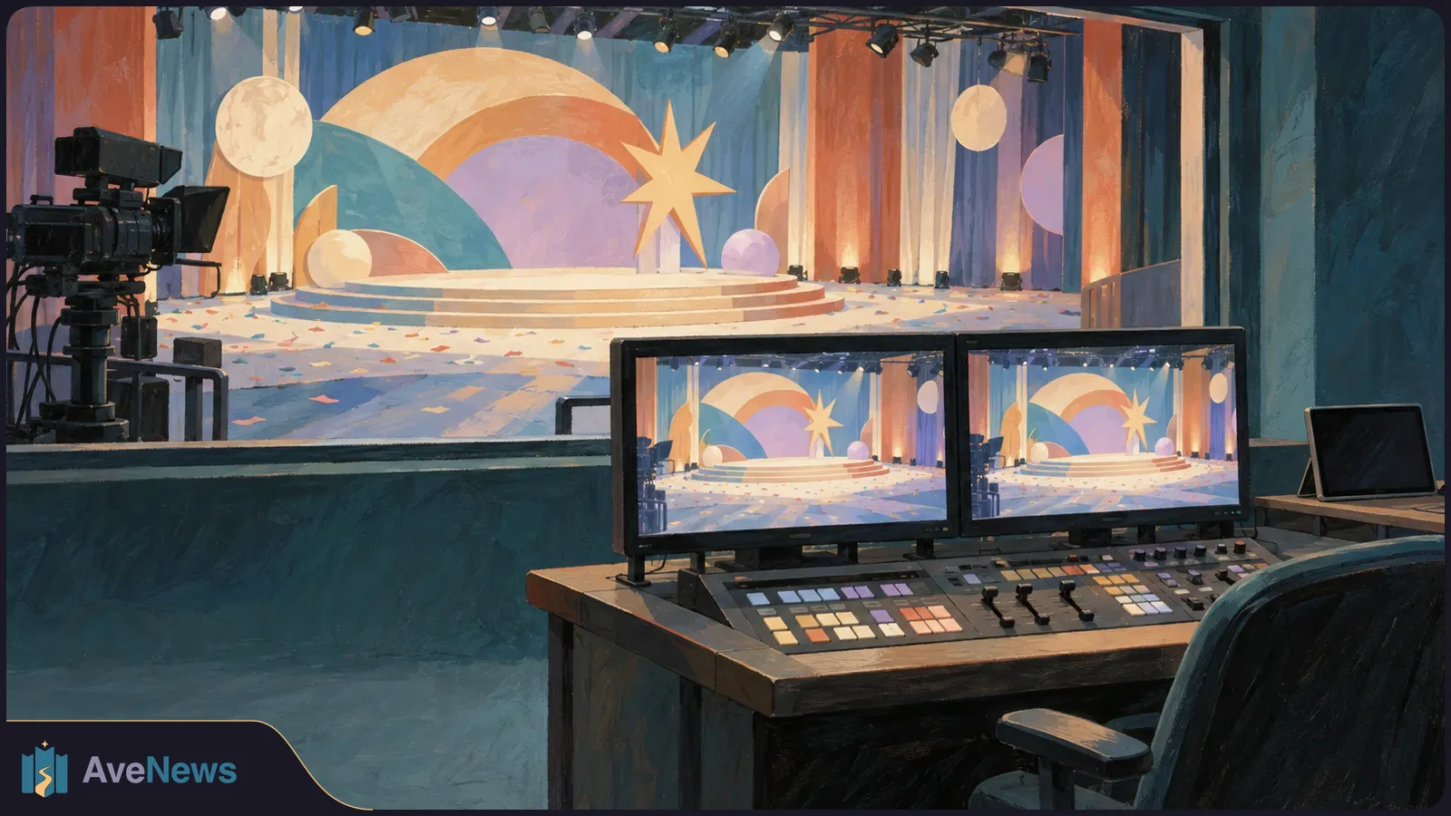 A painted TV control room faces an empty, colorful stage with arches, a star and hanging spheres. A camera, two monitors and a control panel are in the foreground. SI illustration