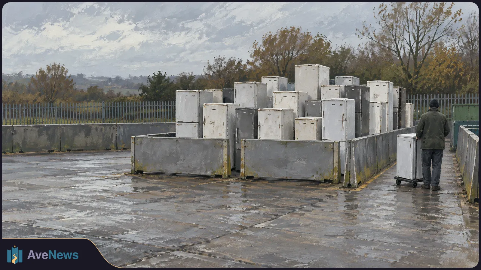A person stands beside a refrigerator on wheels near rows of old fridges stored behind concrete barriers at an outdoor site. The pavement is wet, with trees and a fence beyond. SI illustration