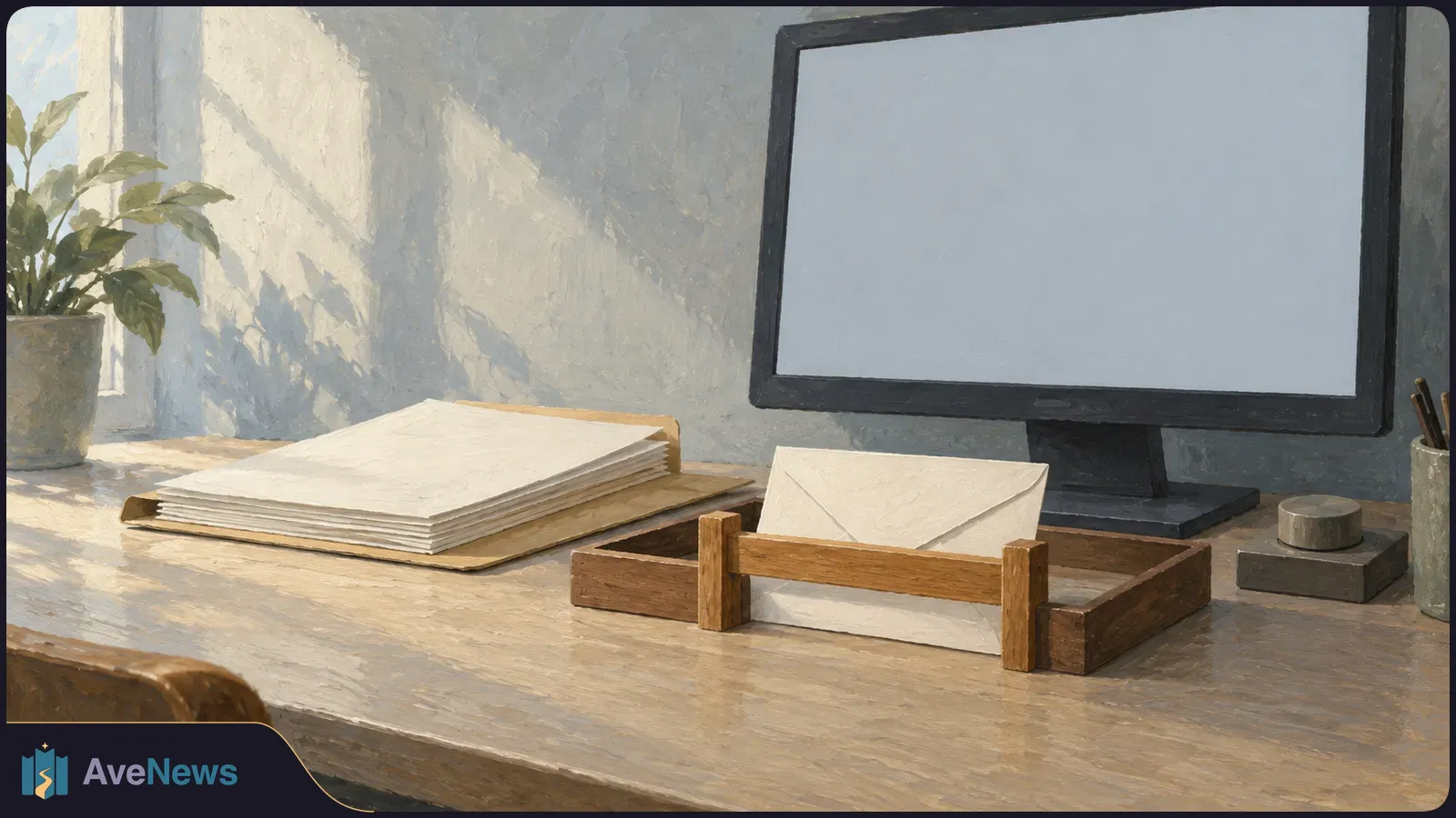 A painterly sunlit desk with a blank computer monitor, a stack of papers, an envelope in a wooden tray, and a small dial beside the screen. SI illustration