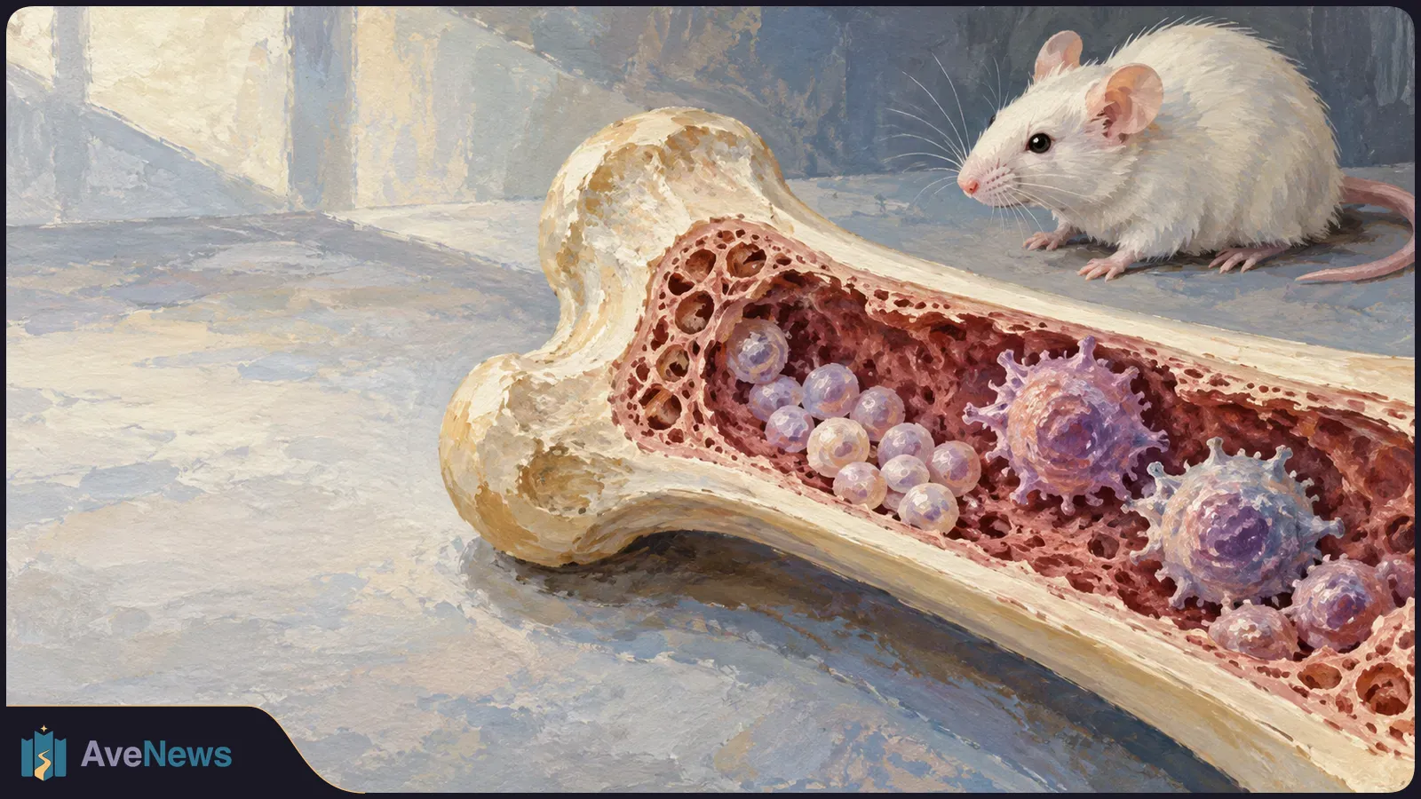 A painted white mouse sits beside a cutaway bone containing small round and larger spiky purple cell-like shapes. SI illustration