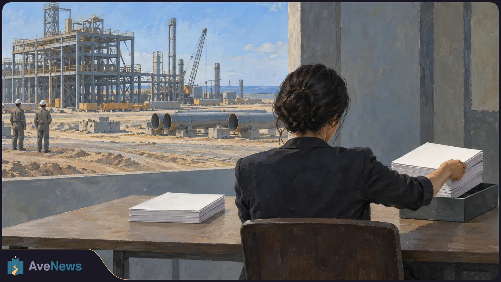 Painted scene of a woman seen from behind placing a stack of blank papers in a tray at a desk, with two workers, pipes and a steel-framed industrial site beyond a window. SI illustration