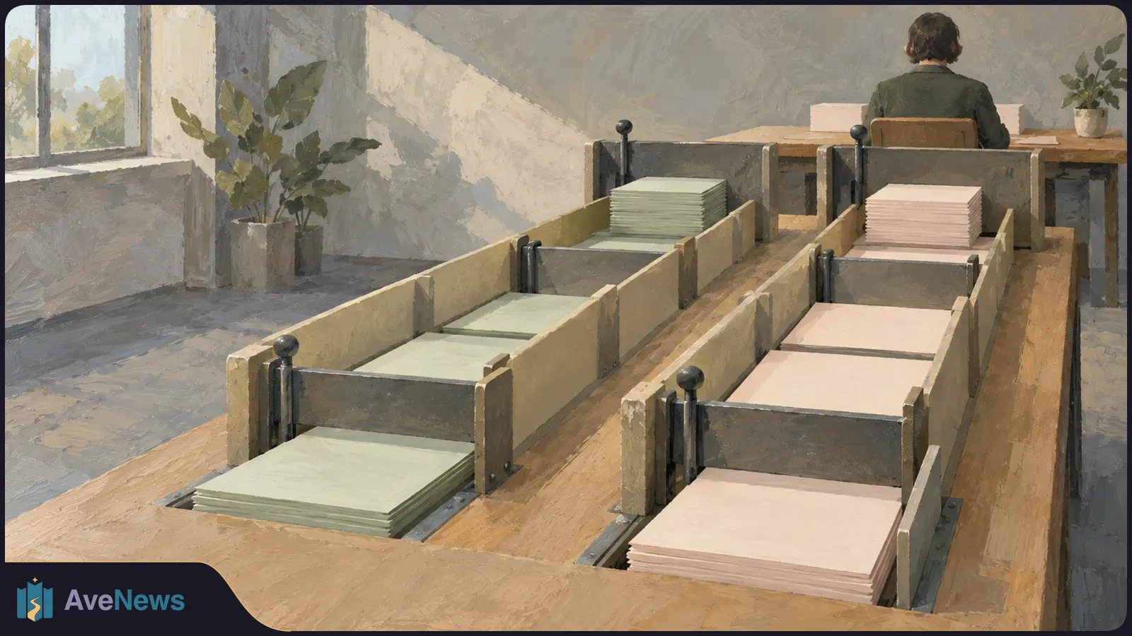 Painterly illustration of two wooden lanes holding stacks of pale green and pink sheets. A person sits at a desk in the background, with a window and potted plants nearby. SI illustration