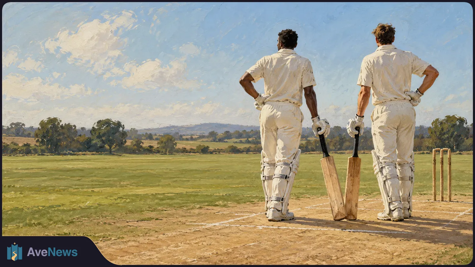 Painted scene of two cricketers in white standing with bats beside the wicket on a grassy field, seen from behind beneath a cloudy blue sky. SI illustration