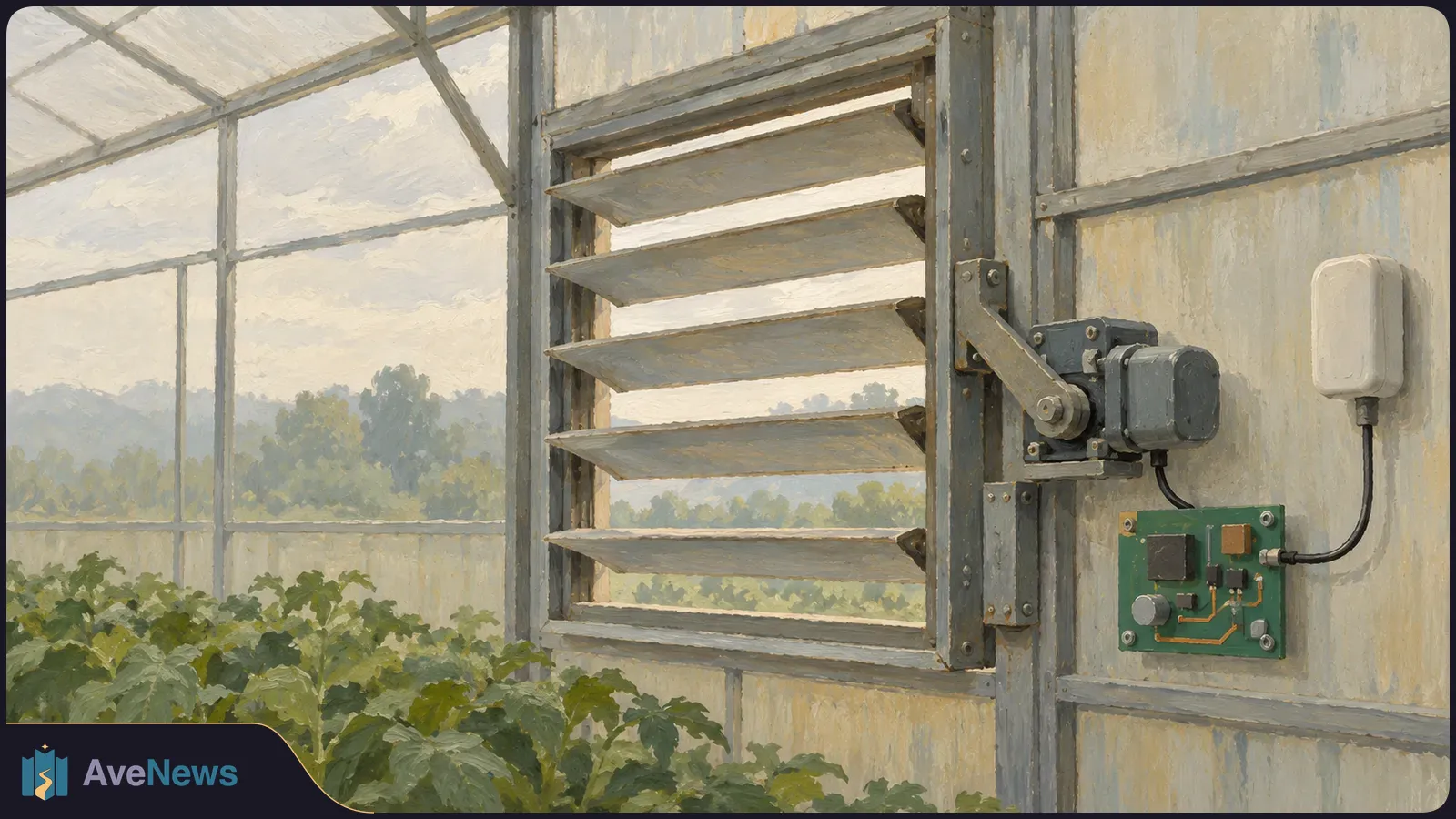 Painted greenhouse scene with leafy plants, an open louvered vent, and a motor linked by cable to a small circuit board. SI illustration