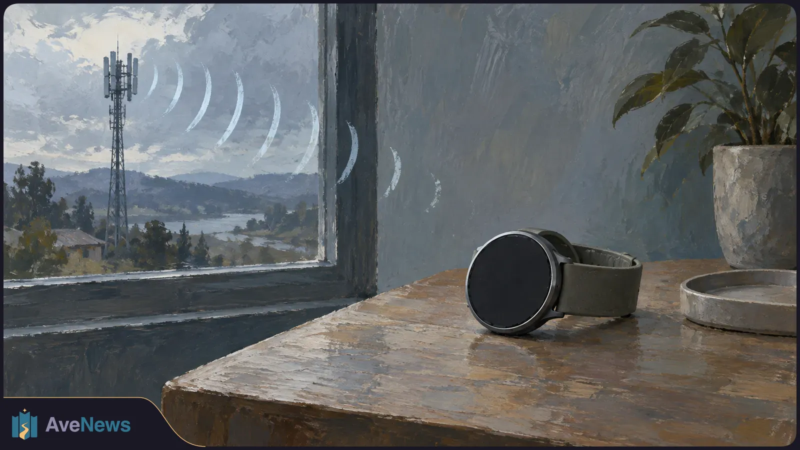 Painterly illustration of a round smartwatch with a blank dark screen on a wooden table. A cell tower and white radio-wave arcs are visible through the window. SI illustration