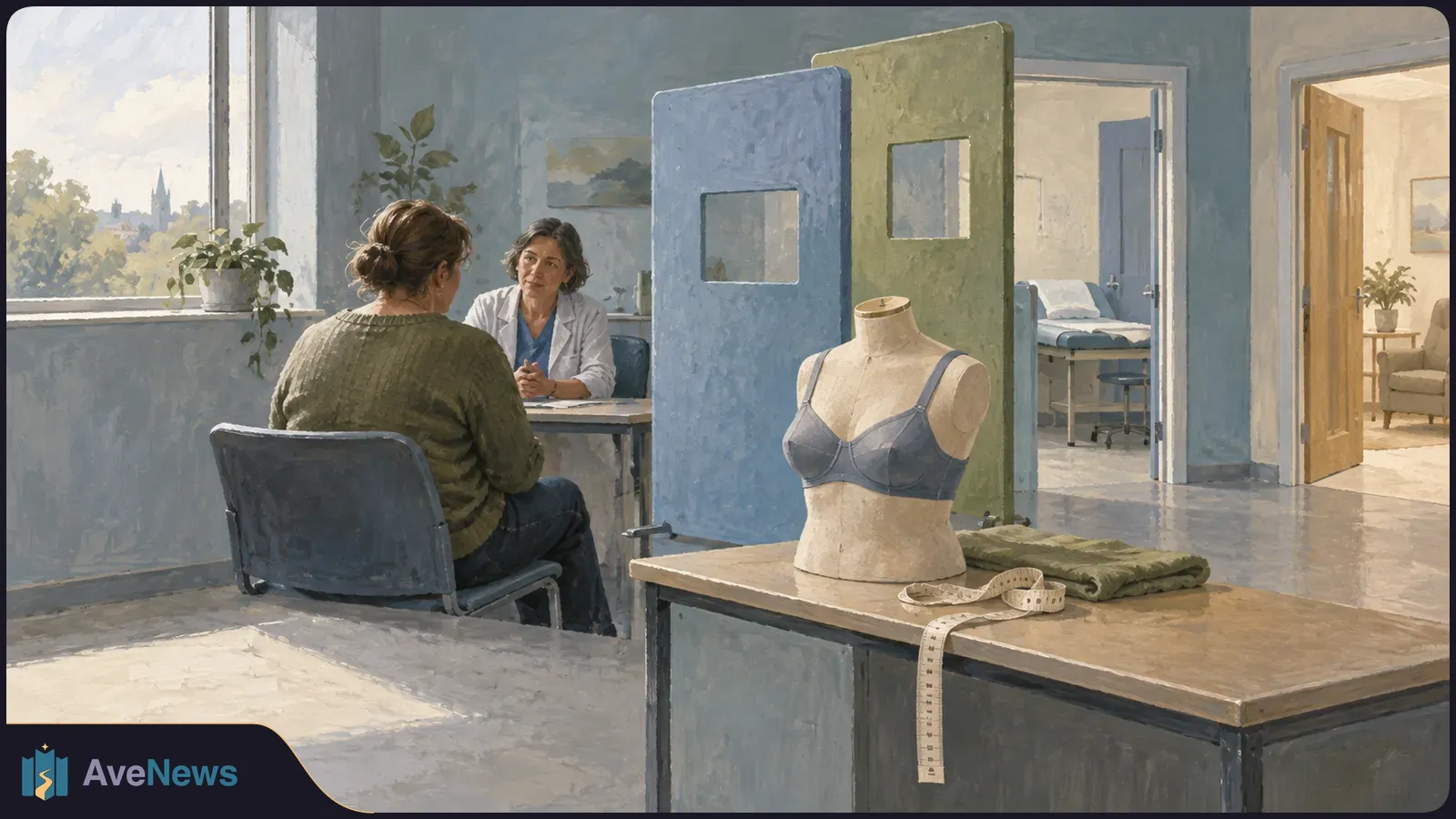 A woman talks with a clinician in an exam room. In the foreground, a bra is displayed on a dress form beside a measuring tape. SI illustration