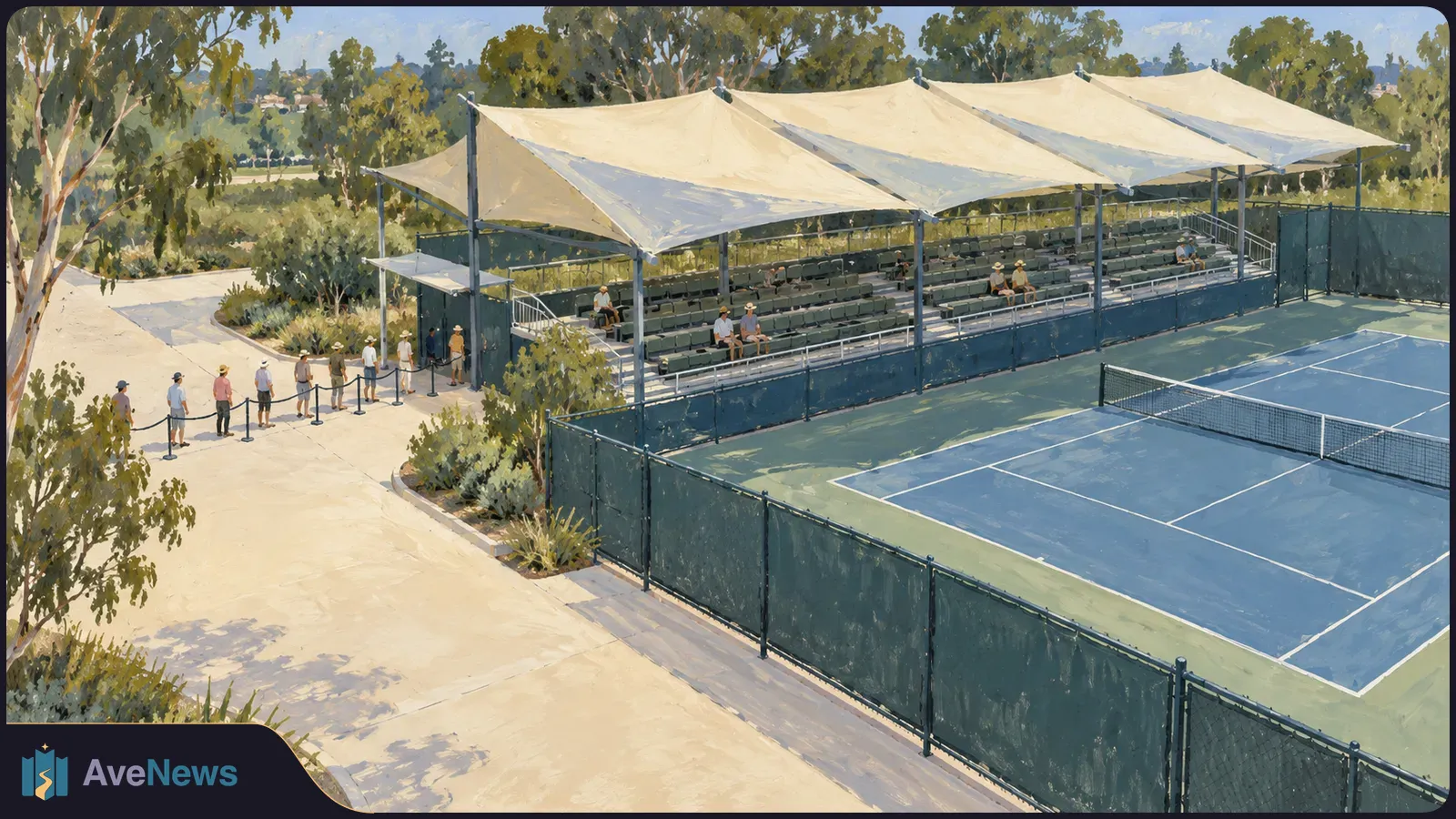 Illustration of an empty blue tennis court beside shaded spectator stands, with a line of people along the path and a few spectators seated under the canopies. SI illustration