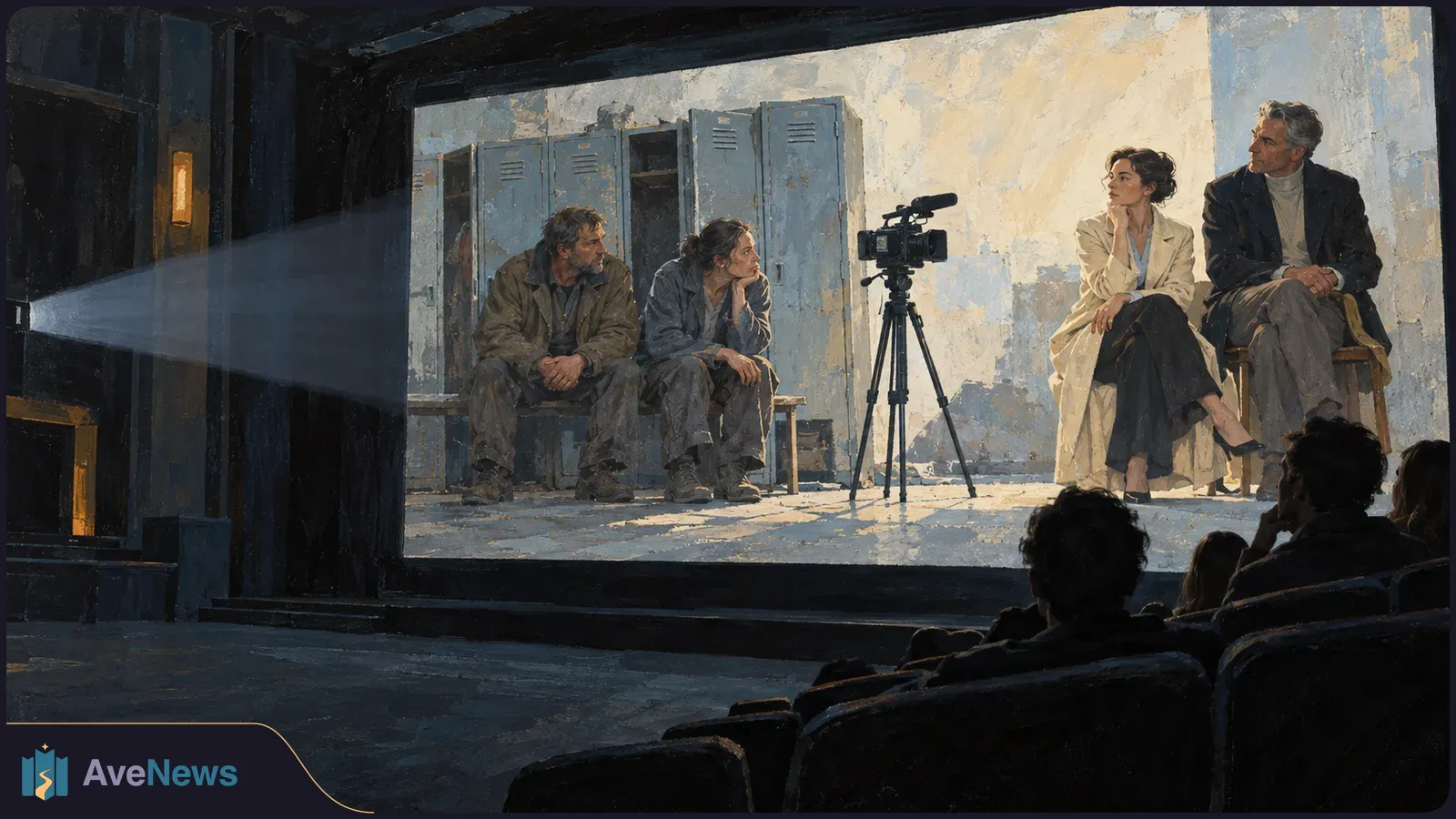 In a dark cinema, viewers watch a painted screen showing four seated adults, a video camera on a tripod and worn metal lockers. SI illustration