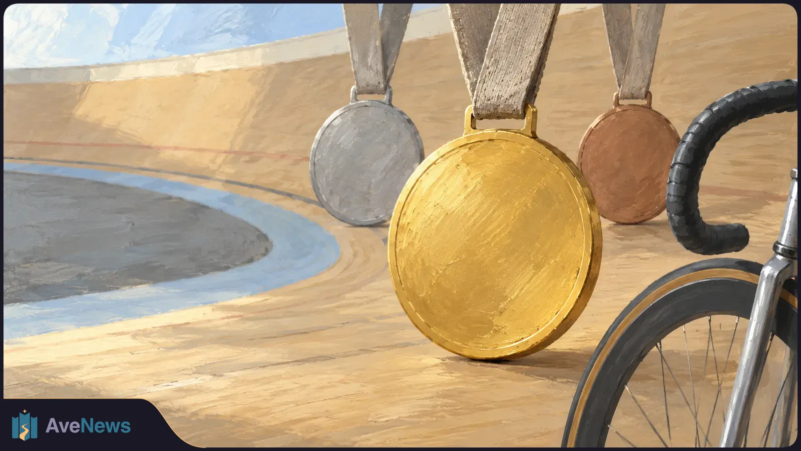 Illustration of gold, silver and bronze medals hanging beside a track bicycle on a wooden velodrome. SI illustration