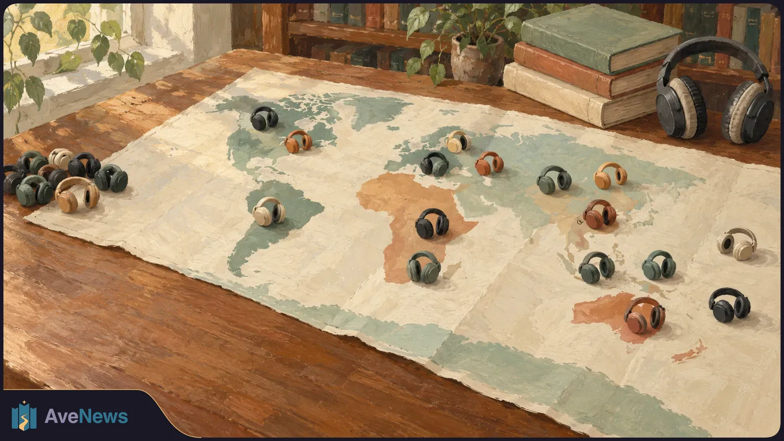 Painted scene of many small headphones spread across a world map on a wooden table, with stacked books and a larger pair of headphones nearby. SI illustration