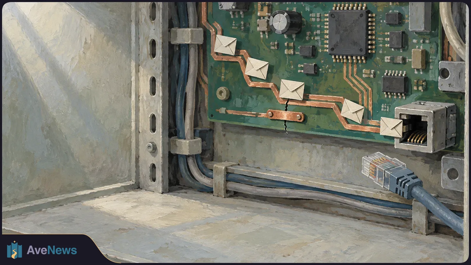 Painted close-up of a circuit board with envelope symbols along copper traces, a small crack, and an unplugged network cable beside its port. SI illustration