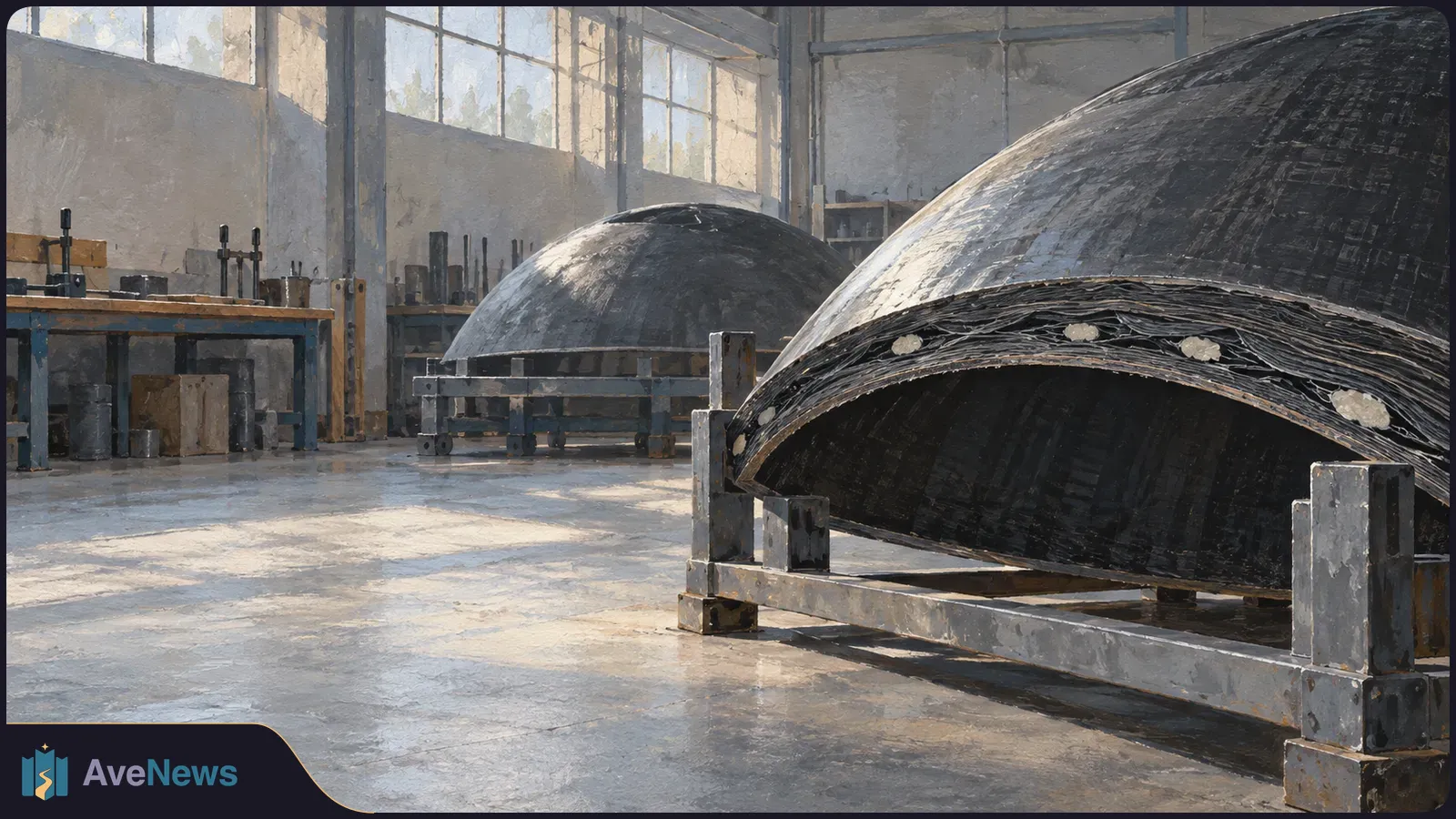 Painted industrial workshop with two large dark composite domes on metal supports; the nearer dome has a layered rim with pale spots. SI illustration