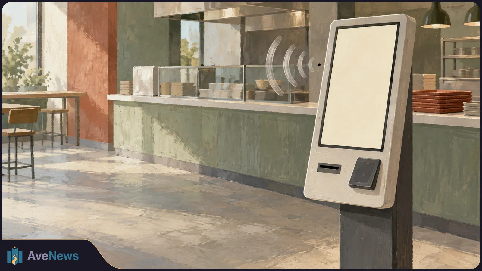 Painted café interior with a self-service kiosk beside the counter. Its screen is blank, with a card slot and payment pad below; curved sound-wave lines appear beside it. SI illustration