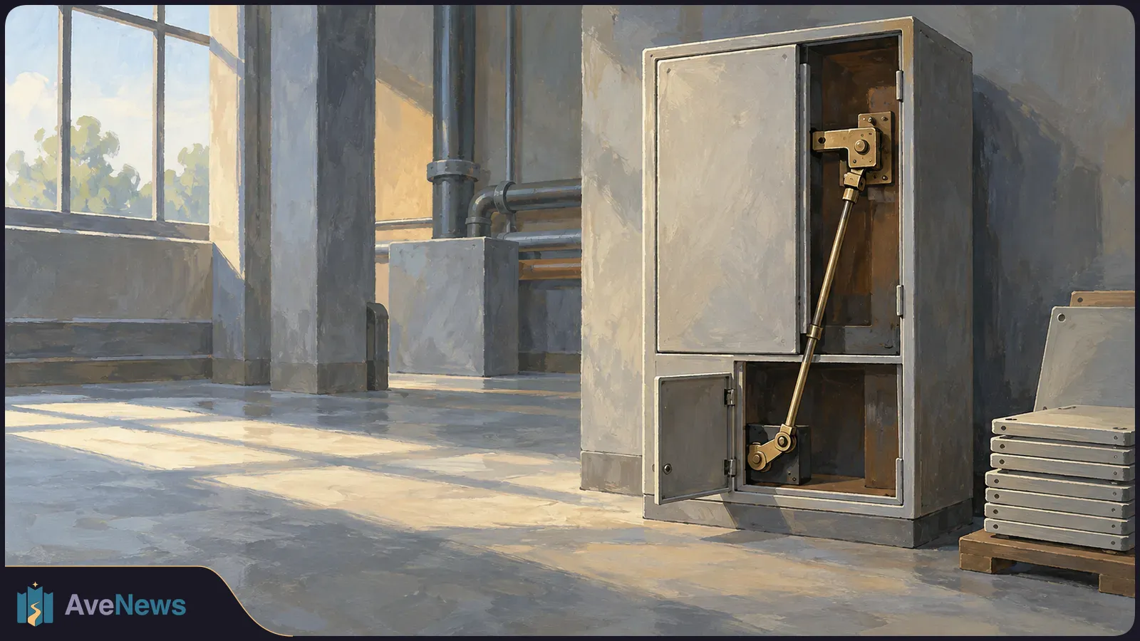 A painted industrial room with a metal cabinet showing a brass locking linkage, an open lower hatch, and stacked metal panels beside it. SI illustration
