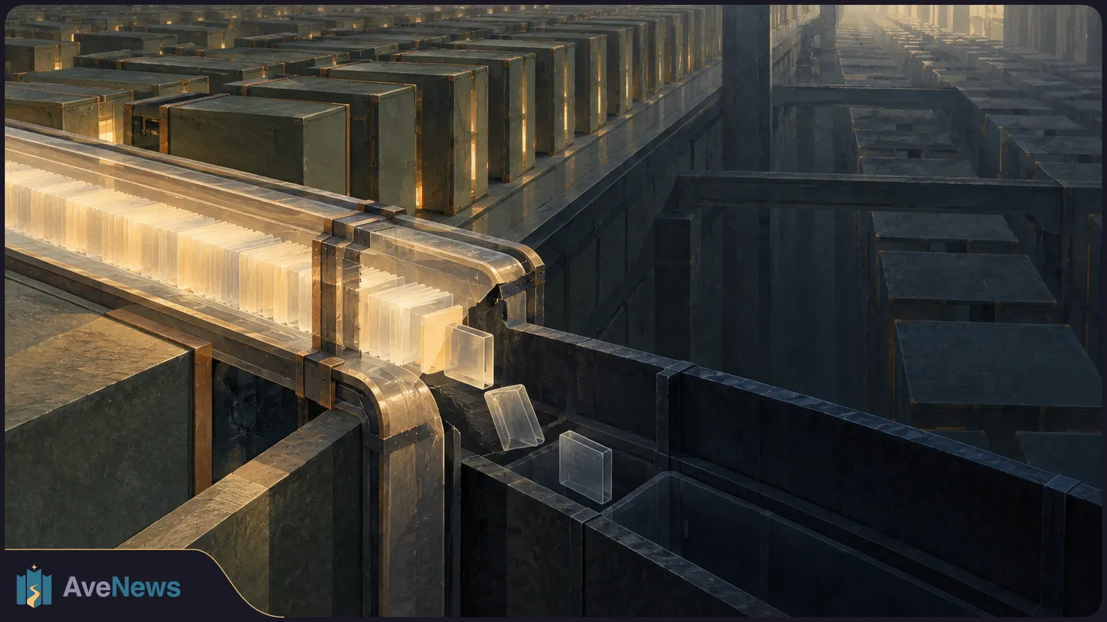 Glowing translucent sheets spill from a glass-covered channel into a dark gap between rows of large storage boxes. SI illustration