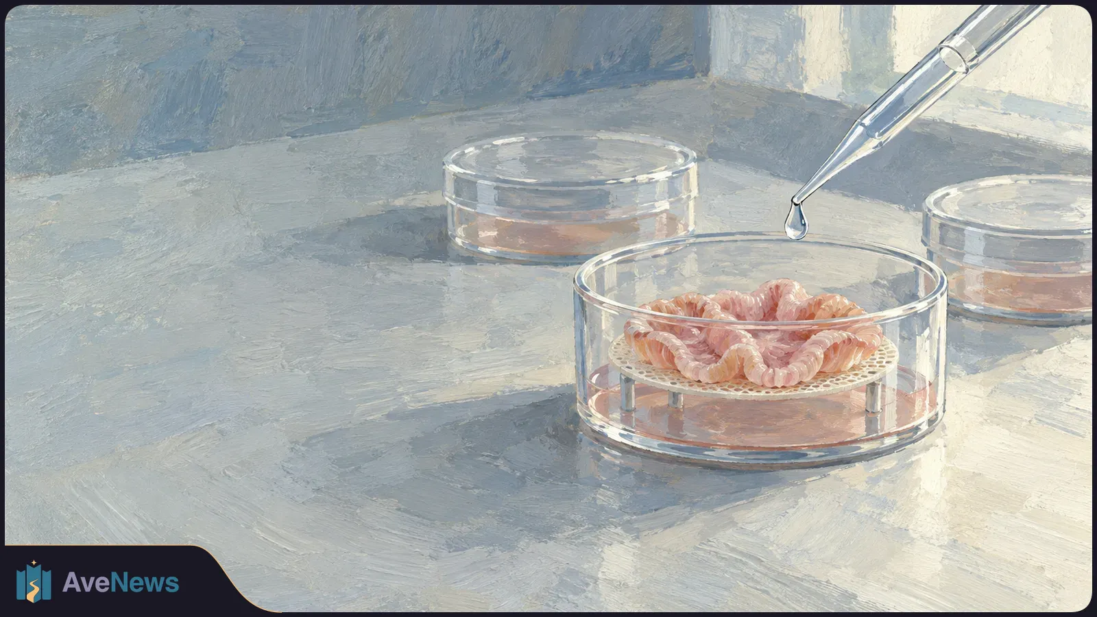 Painted lab scene with a pipette droplet above folded pink tissue on a mesh platform inside a clear culture dish; two covered dishes sit behind it. SI illustration