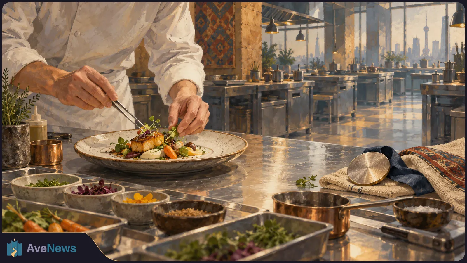 A chef in a white jacket uses tweezers to garnish a plated dish in a sunlit kitchen, with city towers visible through large windows. SI illustration