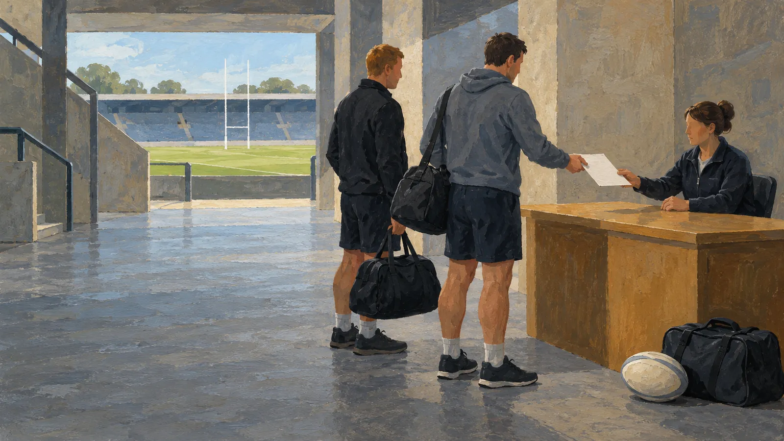 Illustration of two men with sports bags at a desk beside a rugby stadium; one hands a sheet of paper to a seated woman. A rugby ball rests on the floor. SI illustration