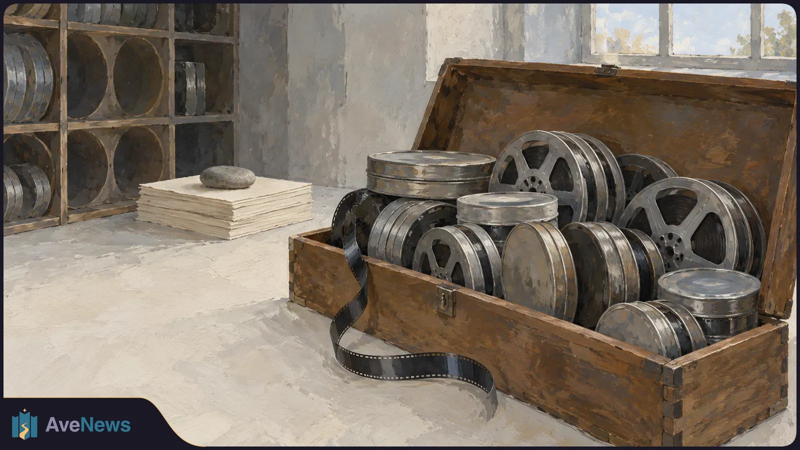 Painted scene of film reels and canisters in an open wooden chest, with a strip of film spilling onto the floor. Shelves of reels and a stack of papers sit nearby. SI illustration