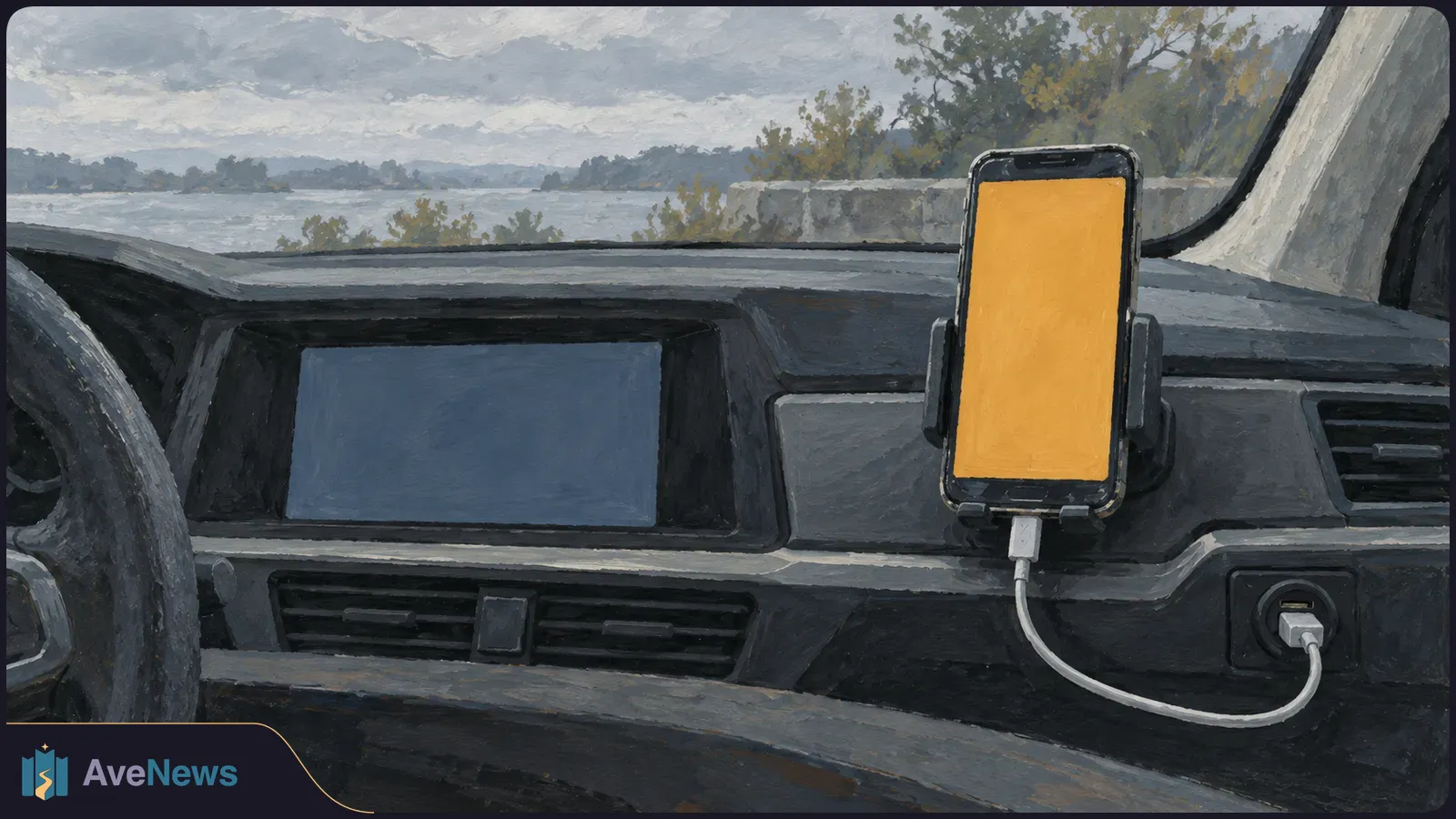 Painted view from inside a car: a phone with a blank amber screen is mounted on the dashboard and connected by cable. The car display is dark, with water and trees outside. SI illustration