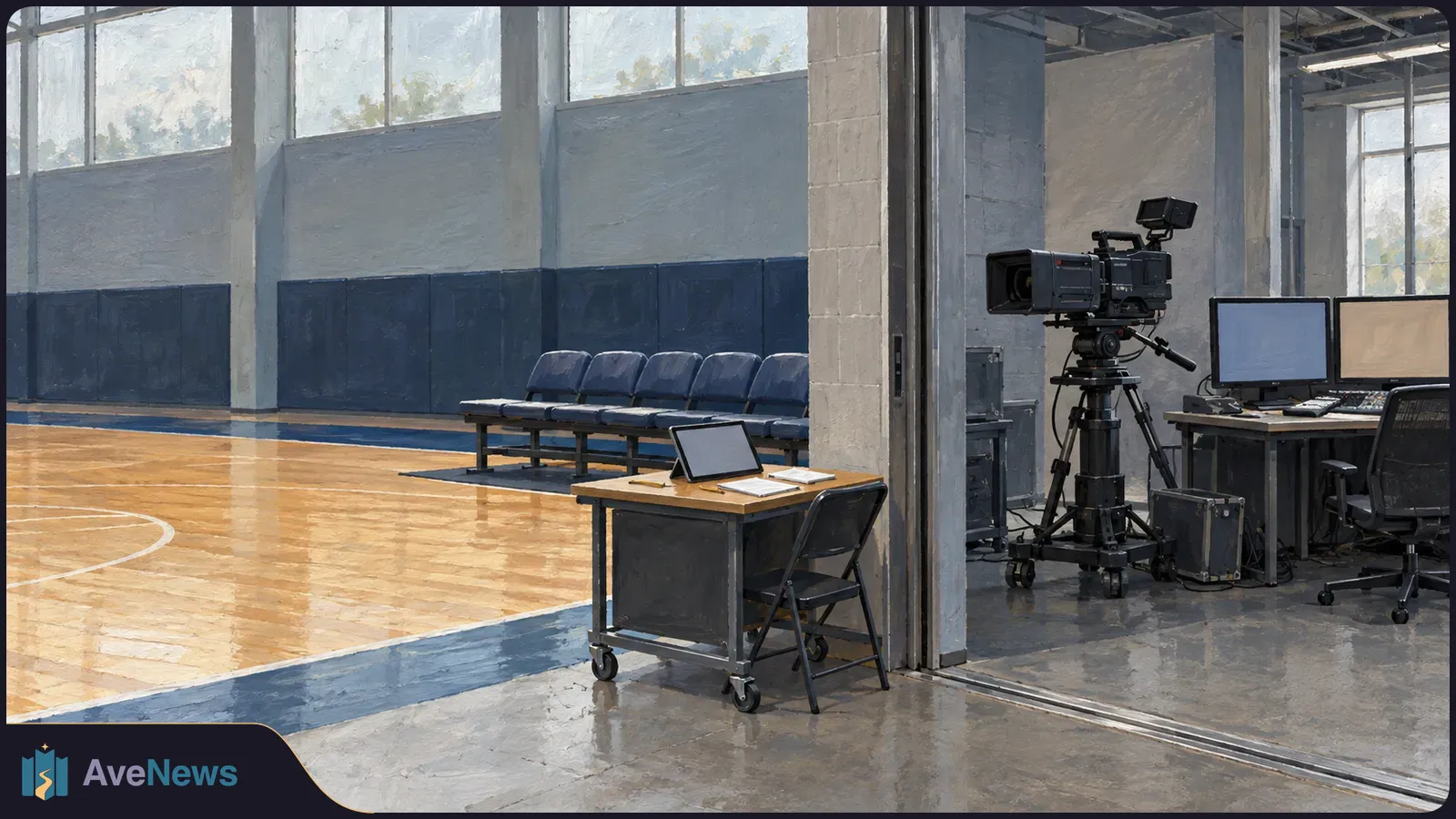 Painted view of an empty indoor sports court beside a broadcast camera and control room with two blank monitors. Chairs and a laptop sit by the sideline. SI illustration