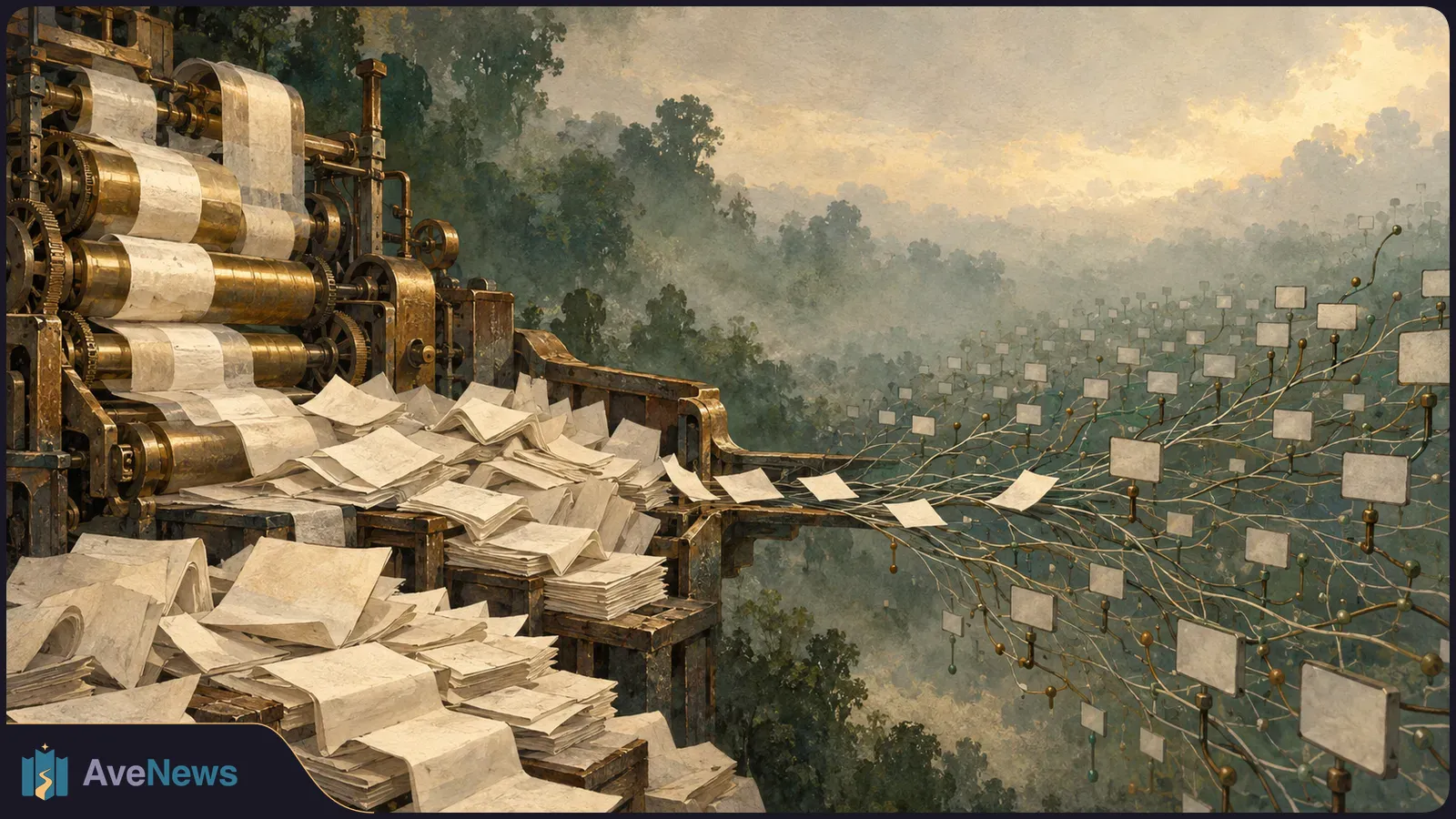 A painted printing press spills stacks of paper toward a branching network of blank squares, against a misty forest backdrop. SI illustration