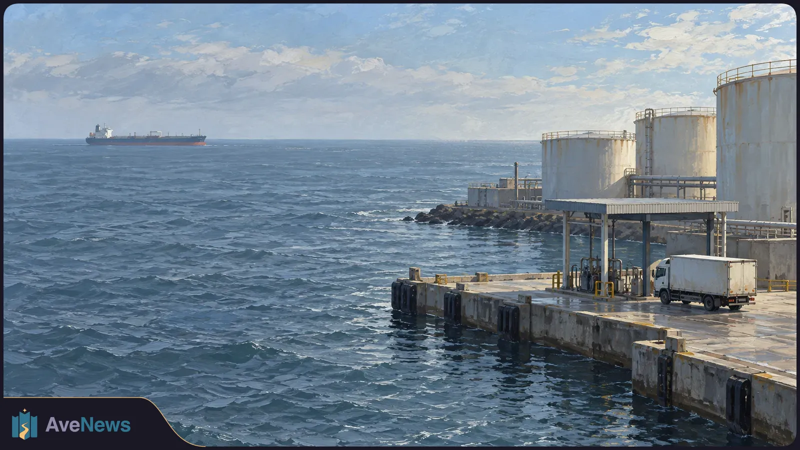 Painterly seaport scene with choppy water, large storage tanks and a white box truck on a dock; a tanker ship sits on the horizon. SI illustration