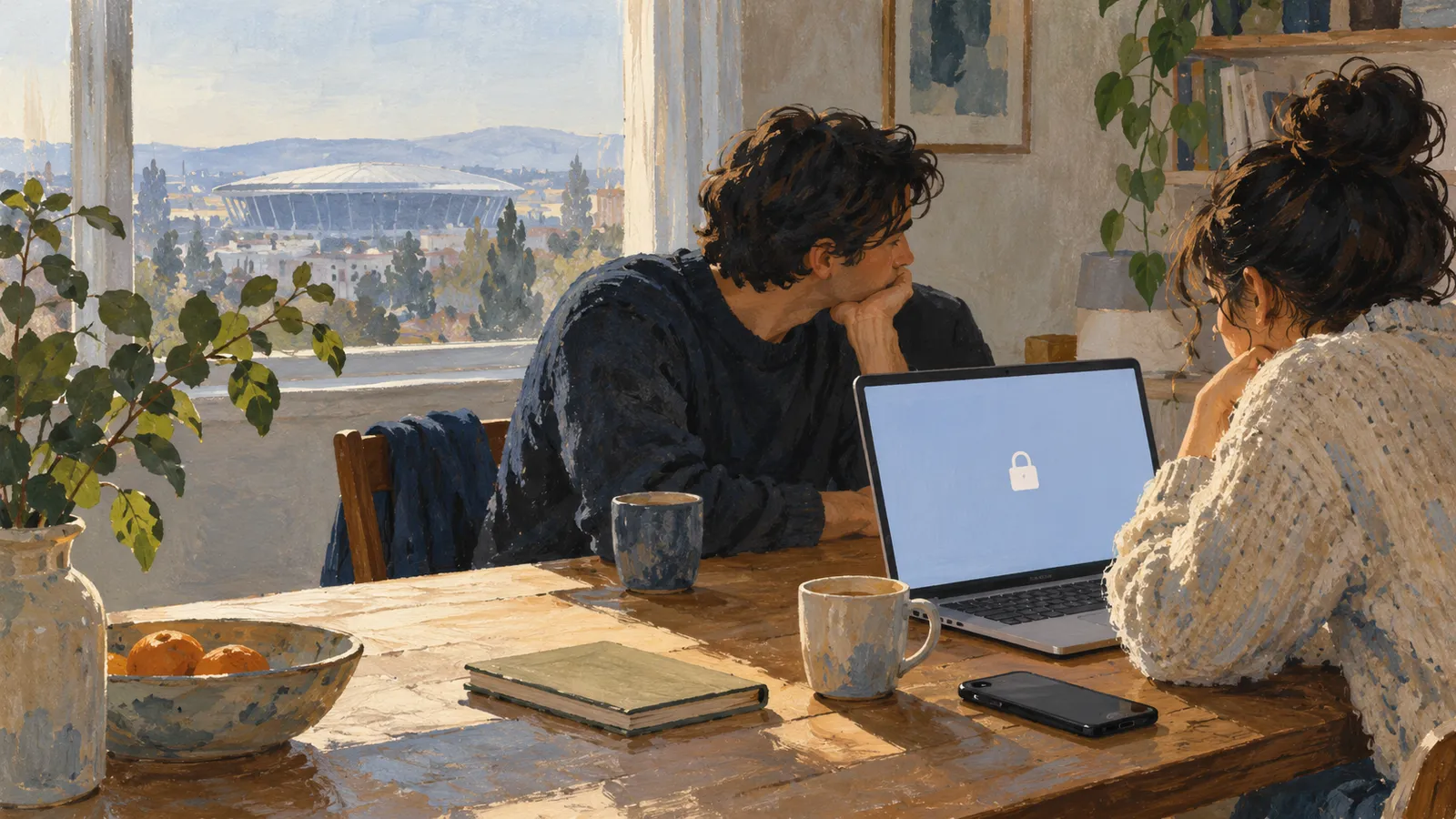A painted scene of two people at a table with a laptop displaying a closed padlock. Mugs, a phone and a notebook sit nearby, and a stadium is visible through the window. SI illustration