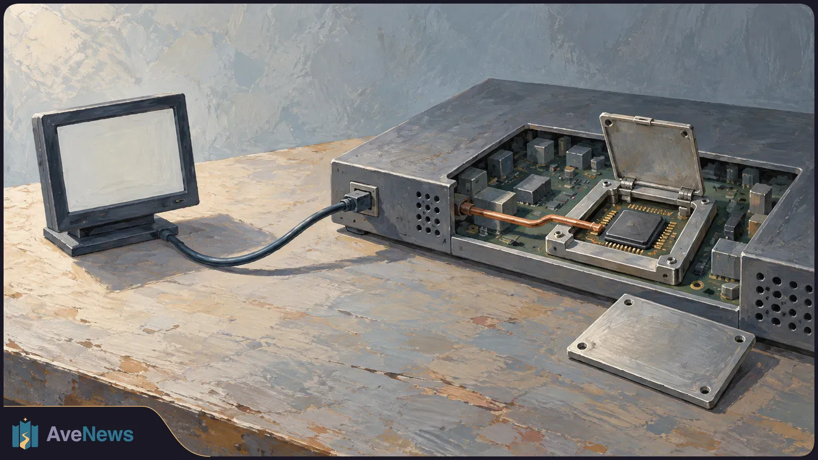 Painted illustration of an opened electronic device on a workbench, exposing a circuit board and chip; a cable connects it to a small blank screen. SI illustration
