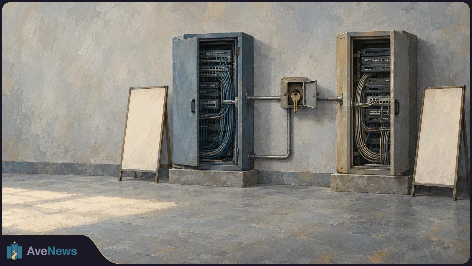 Painterly illustration of two open network cabinets with cables, connected by metal conduits to a small box with a key. Blank boards stand on either side. SI illustration