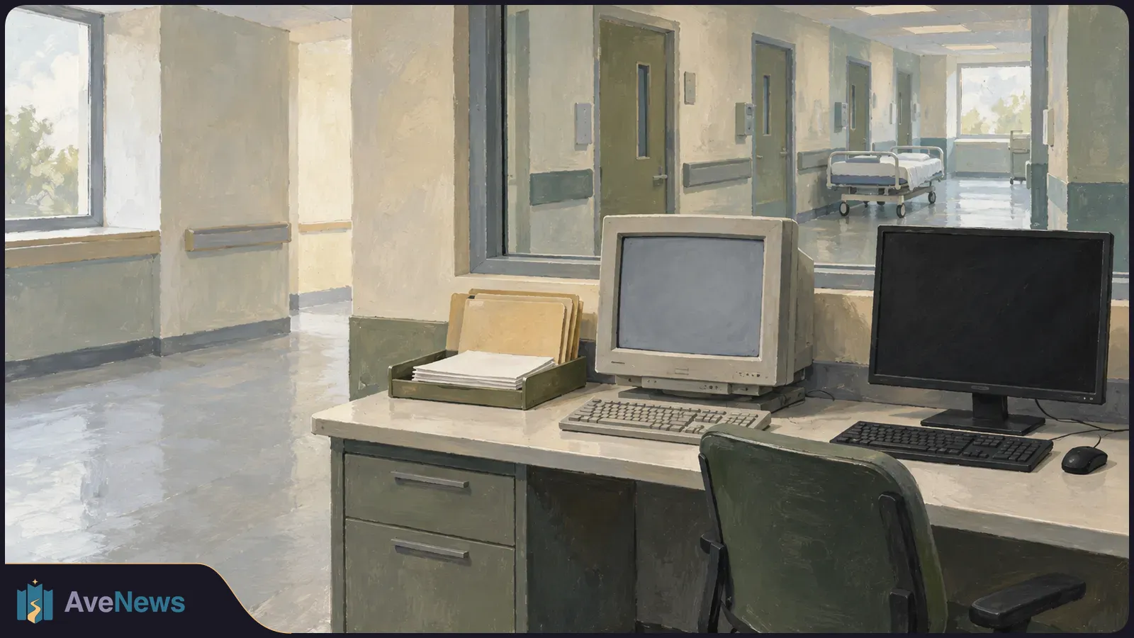 Painted hospital workstation with an old beige computer, a black monitor, keyboards and a tray of papers. Behind it is an empty corridor with doors and a wheeled bed. SI illustration