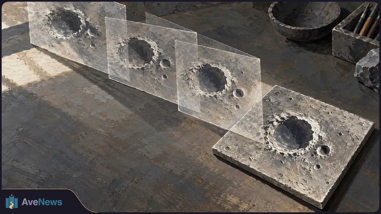 Several overlapping transparent panels with matching lunar craters stand on a dark worktable beside a cratered slab and drawing tools. SI illustration