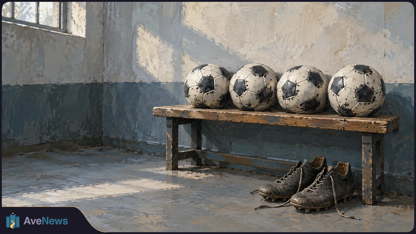 Four worn soccer balls sit on a wooden bench, with a pair of cleats on the floor beneath it in a sunlit room. SI illustration