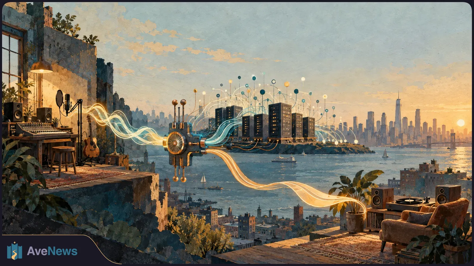 Painted sunset harbor scene with music equipment on two rooftops, glowing streams flowing through floating server racks, and a city skyline beyond. SI illustration