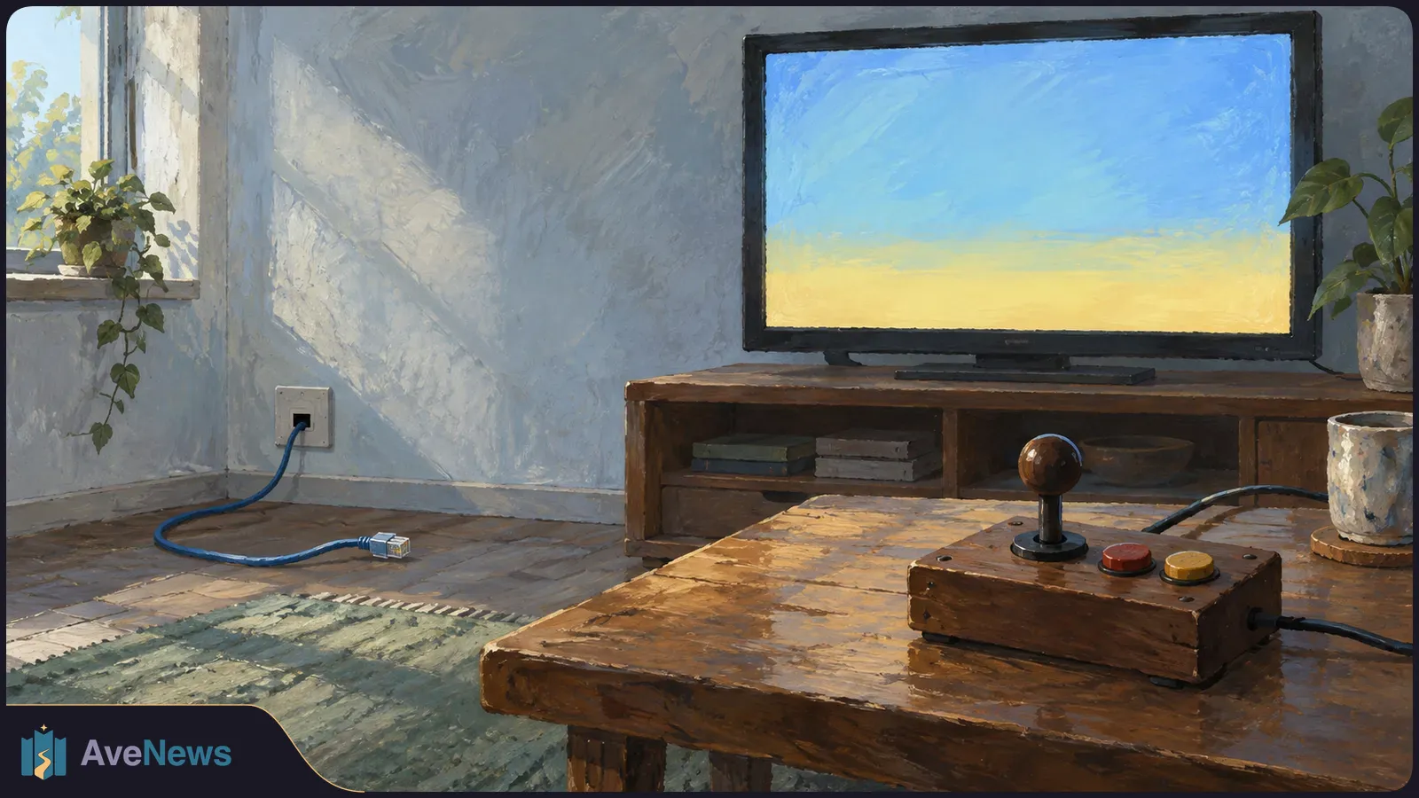 Painterly room with a TV showing blue and yellow color fields, a loose network cable on the floor, and a wooden joystick with two buttons on a table. SI illustration
