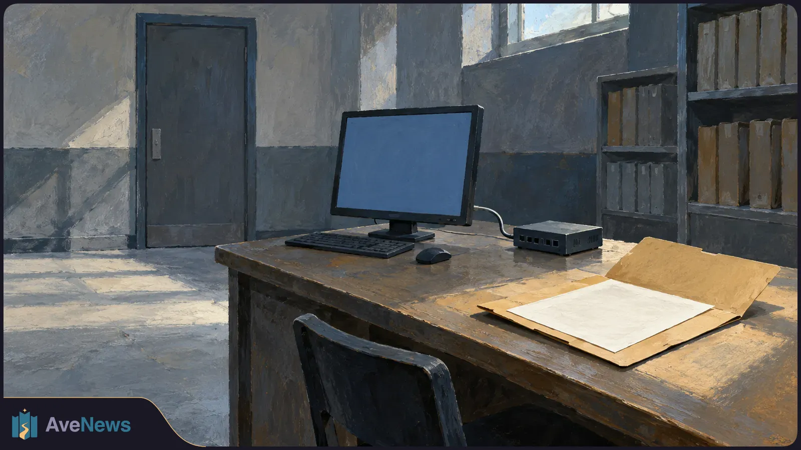 Painted office with a blank computer monitor on a wooden desk, an open folder holding a blank sheet, and shelves of files beside a closed door. SI illustration