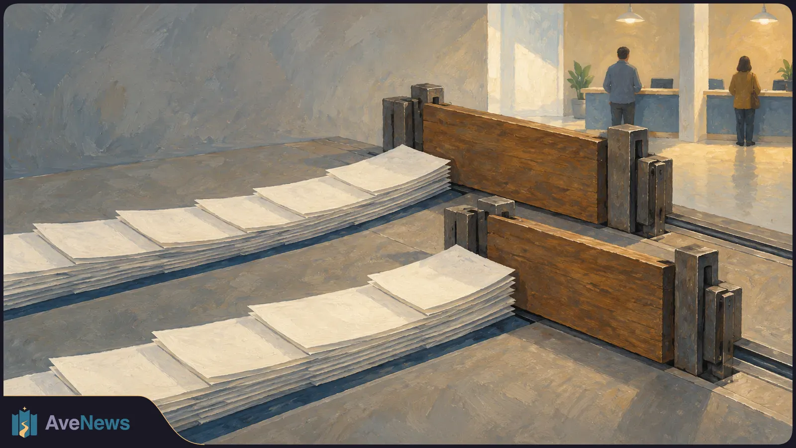 Illustration of two stacks of blank papers stopped by wooden barriers on tracks, with two people standing at service counters in the background. SI illustration
