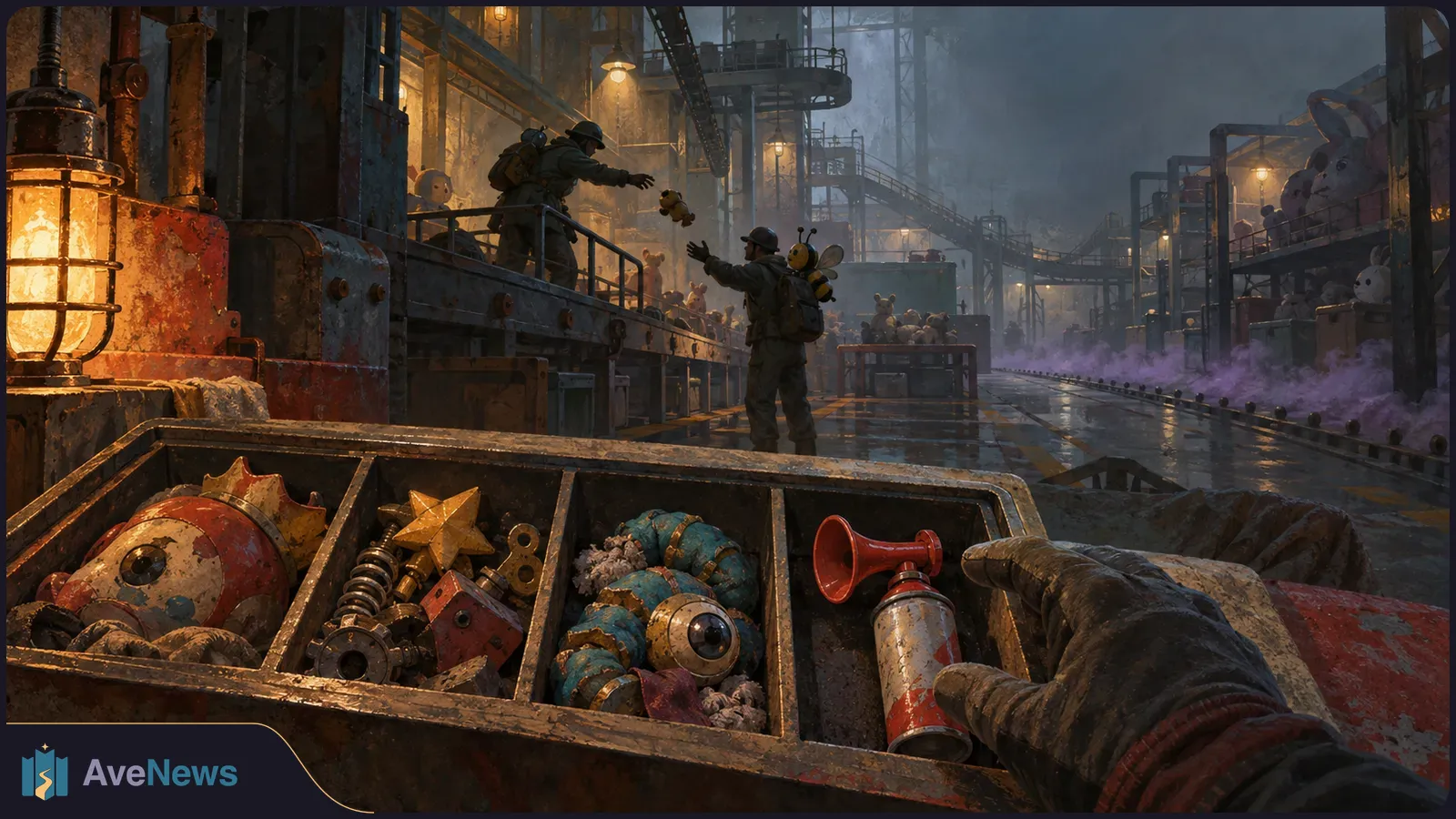 A gloved hand reaches toward a four-compartment bin of toy parts and tools. Two figures reach for a small toy in a dim factory, with purple mist along the floor. SI illustration