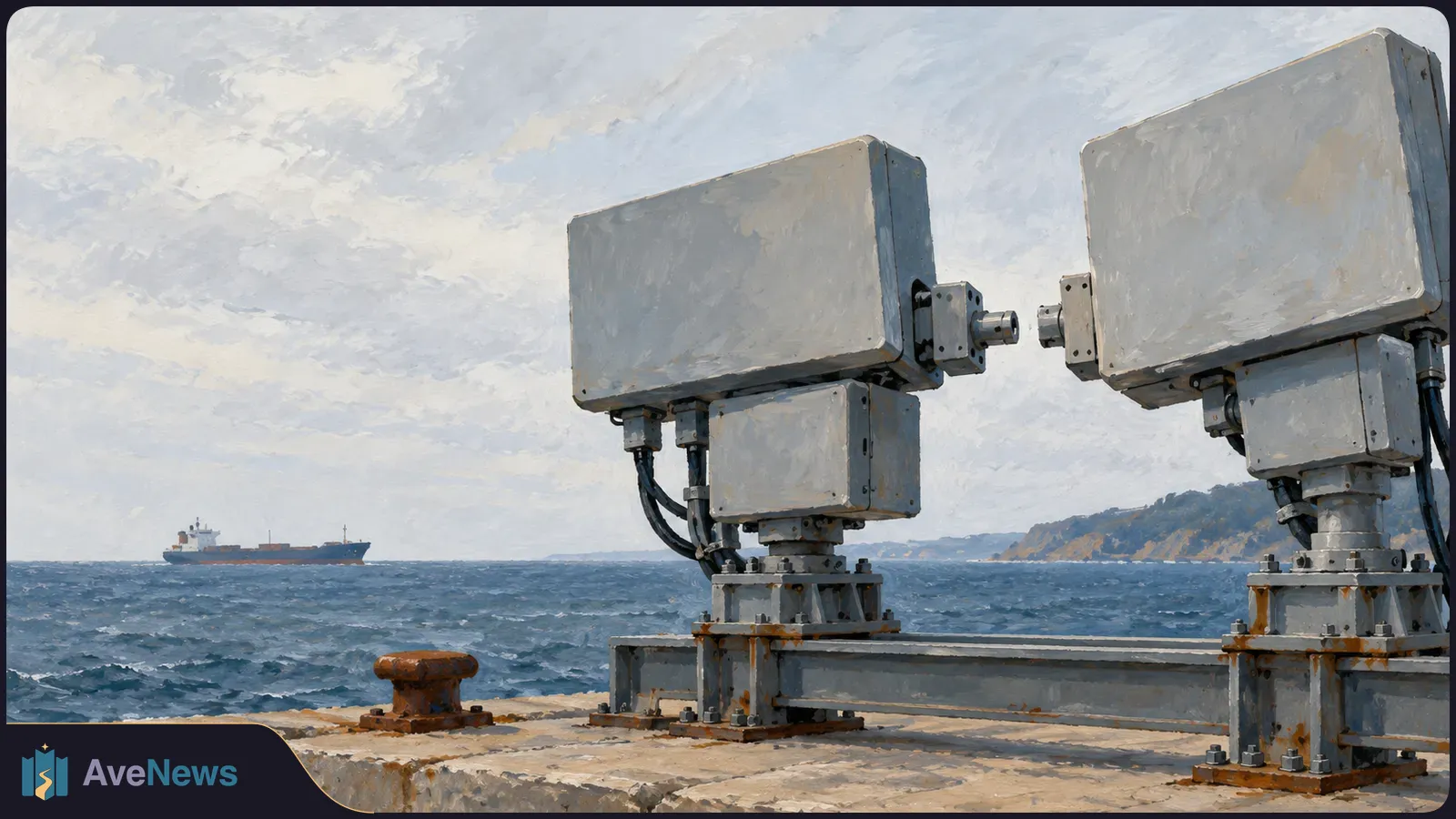 Illustration of two large gray antenna units on a concrete pier, with a cargo ship offshore and hills in the distance. SI illustration
