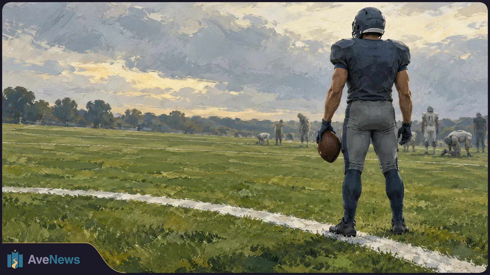 Painted scene of a helmeted American football player holding a ball near the sideline, with other players across the field beneath a cloudy sky. SI illustration