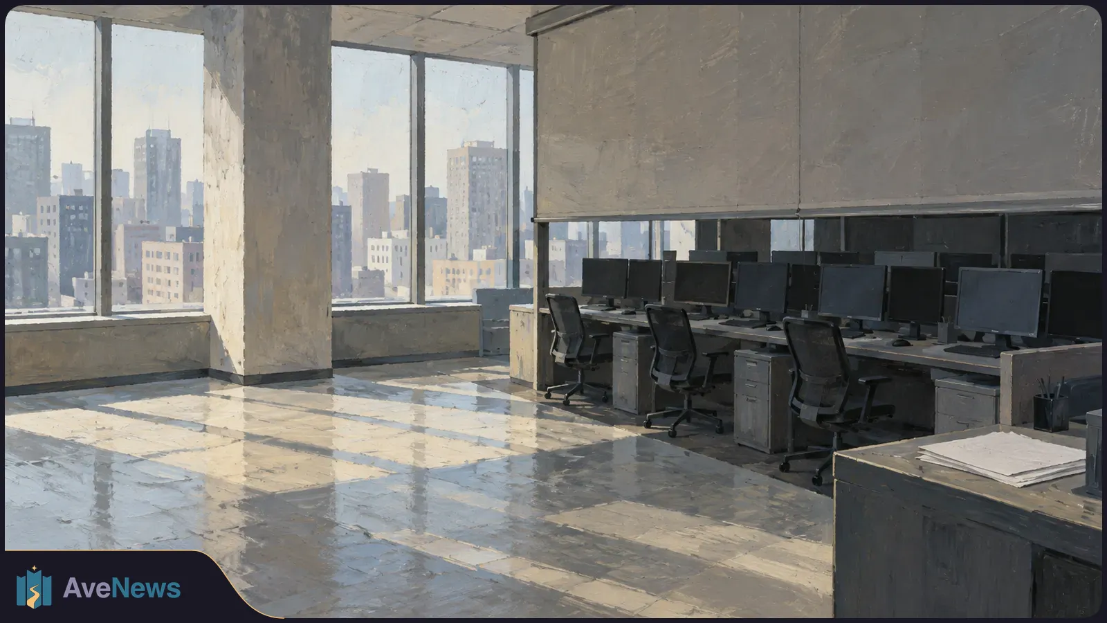An empty office with rows of dark computer monitors and chairs beside floor-to-ceiling windows overlooking a city skyline. SI illustration